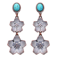 Stunning Copper Tone Textured Metal Flower Turquoise Howlite Stone Dangle Post Earrings, 2.62"