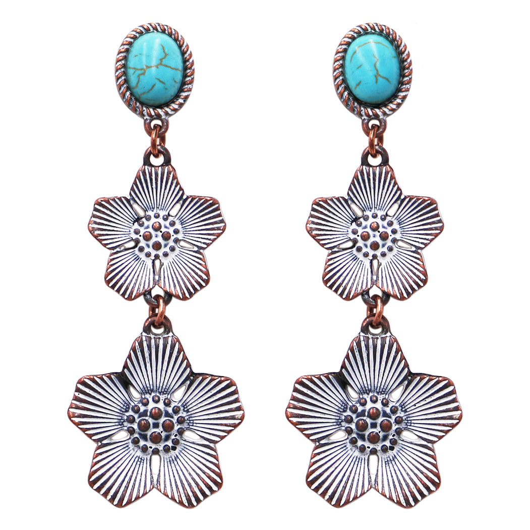 Stunning Copper Tone Textured Metal Flower Turquoise Howlite Stone Dangle Post Earrings, 2.62