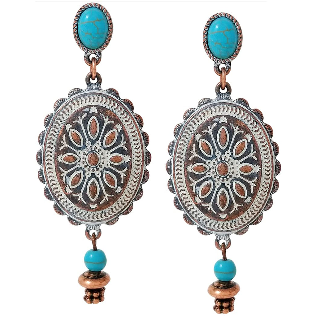 Unique Statement Natural Howlite Western Style Copper Concho Drop Post Earrings, 2.5"