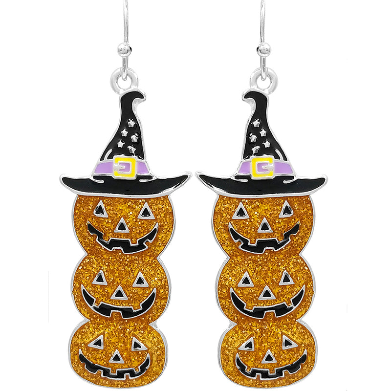 Spooktacularly Fun Enamel Jack O Lantern With Witches Hat Halloween Dangle Earrings (2", Stacking Glitter Pumpkins)