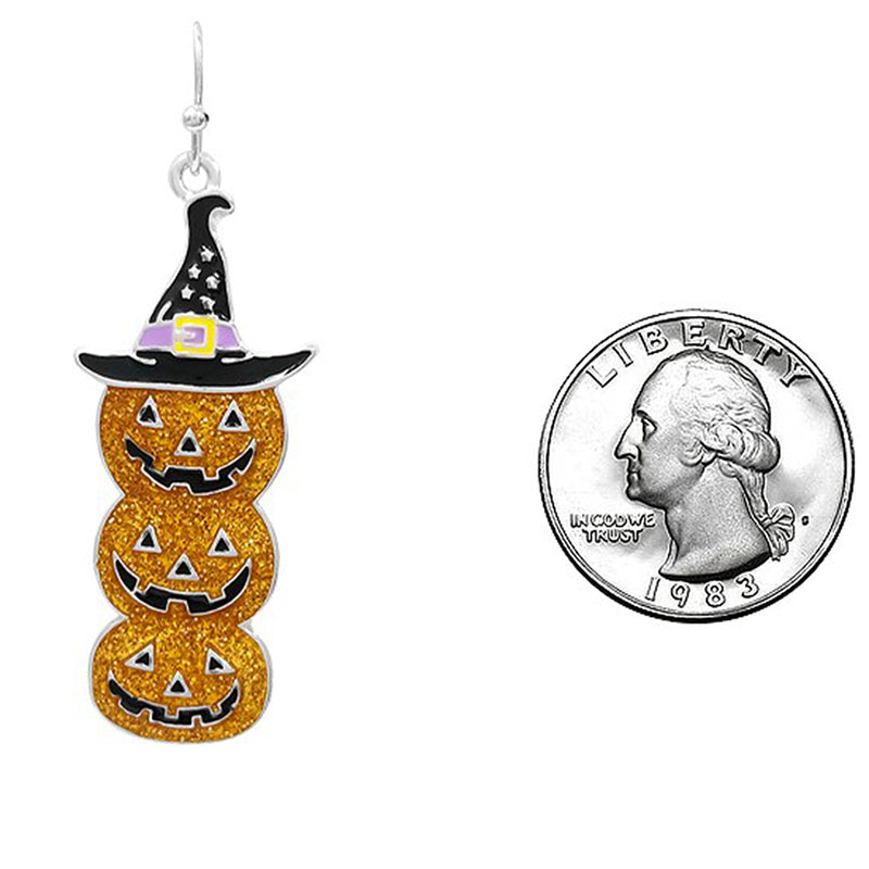 Spooktacularly Fun Enamel Jack O Lantern With Witches Hat Halloween Dangle Earrings (2", Stacking Glitter Pumpkins)