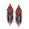 Long Peyote Stitch With Fringe Seed Bead Shoulder Duster Statement Earrings (Red Black Gold Plaid Pattern 6")