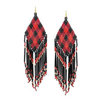Long Peyote Stitch With Fringe Seed Bead Shoulder Duster Statement Earrings (Red Black Gold Plaid Pattern 6")