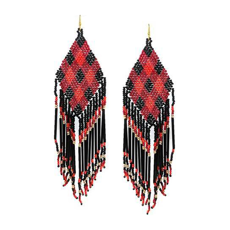 Long Peyote Stitch With Fringe Seed Bead Shoulder Duster Statement Earrings (Red Black Gold Plaid Pattern 6")