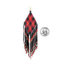 Long Peyote Stitch With Fringe Seed Bead Shoulder Duster Statement Earrings (Red Black Gold Plaid Pattern 6")
