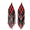 Long Peyote Stitch With Fringe Seed Bead Shoulder Duster Statement Earrings, 3.75"- 6" (Red Black Gold Plaid Pattern 6")