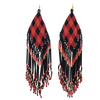 Long Peyote Stitch With Fringe Seed Bead Shoulder Duster Statement Earrings (Red Black Gold Plaid Pattern 6")