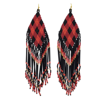 Long Peyote Stitch With Fringe Seed Bead Shoulder Duster Statement Earrings (Red Black Gold Plaid Pattern 6")