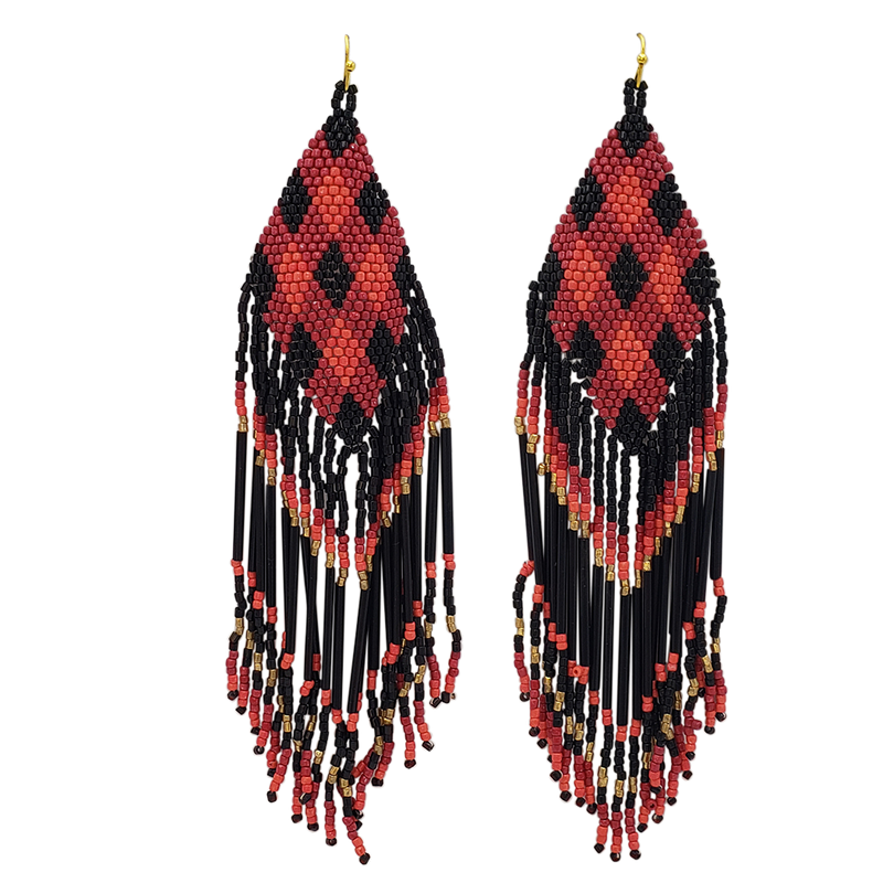 Long Peyote Stitch With Fringe Seed Bead Shoulder Duster Statement Earrings (Red Black Gold Plaid Pattern 6")