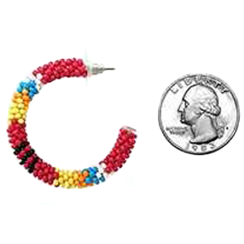 Colorful Western Inspired Bohemian Seed Bead Hoop Earrings (1.5" Post Back, Red)