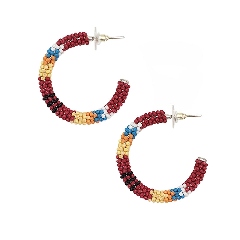 Colorful Western Inspired Bohemian Seed Bead Hoop Earrings (1.5" Post Back, Red)