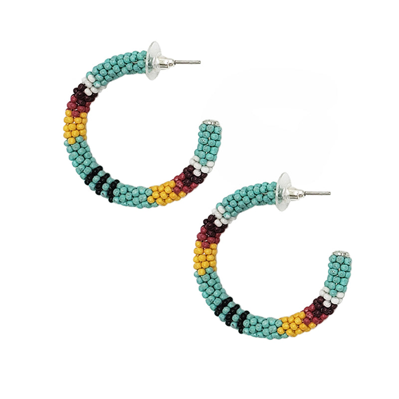 Colorful Western Inspired Bohemian Seed Bead Hoop Earrings (1.5" Post Back, Turquoise)