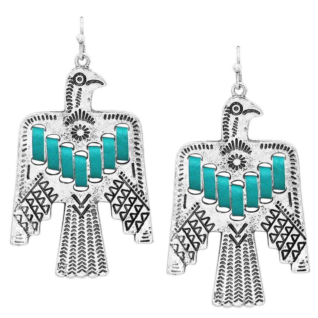 Burnished Silver Tone Aztec Thunderbird With Turquoise Vegan Leather Accents Western Dangle Earrings, 2.25"