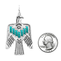 Burnished Silver Tone Aztec Thunderbird With Turquoise Vegan Leather Accents Western Dangle Earrings, 2.25"