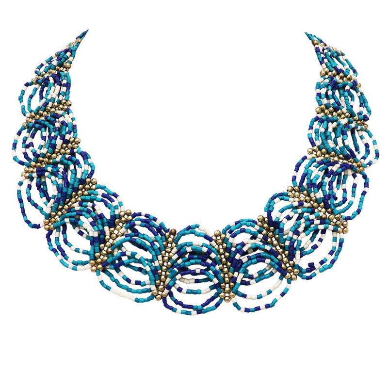 Stunning Circular Pattern Seed Bead Collar Necklace (Blue/White/Gold)