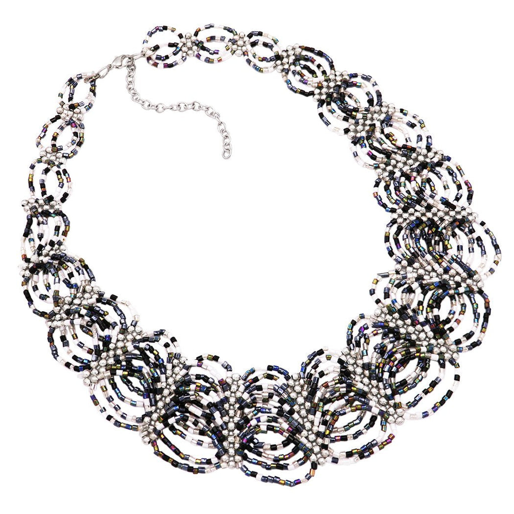 Stunning Circular Pattern Seed Bead Collar Necklace (Black/White/Silver)