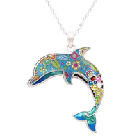 Colorful Extra Long Mosaic Enamel Dolphin Pendant Necklace, 18" to 21" with 3" Extender