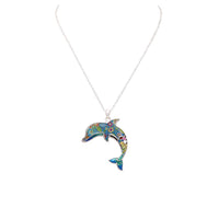 Colorful Extra Long Mosaic Enamel Dolphin Pendant Necklace, 18" to 21" with 3" Extender