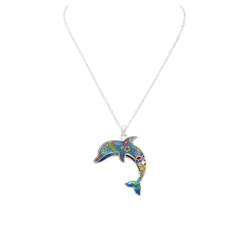 Colorful Extra Long Mosaic Enamel Dolphin Pendant Necklace, 18" to 21" with 3" Extender