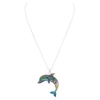 Colorful Extra Long Mosaic Enamel Dolphin Pendant Necklace, 18" to 21" with 3" Extender