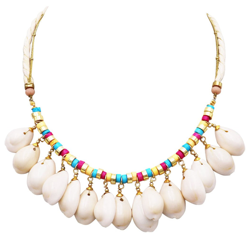 Women's Natural Dangle Cowrie Seashell on Cord and Gold Tone Chain Strand Bib Necklace