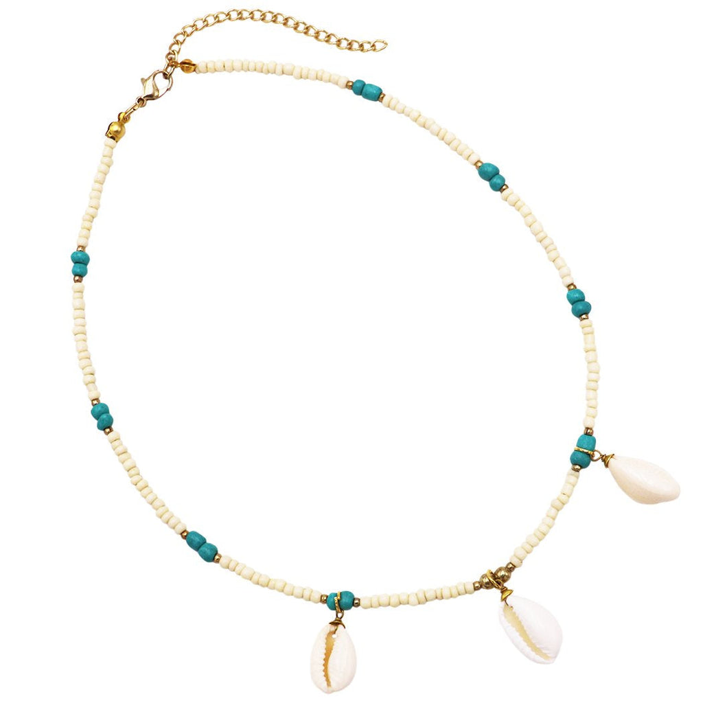 Women's Trendy Natural Cowrie Seashell and Turquoise Bead Strand Bib Necklace