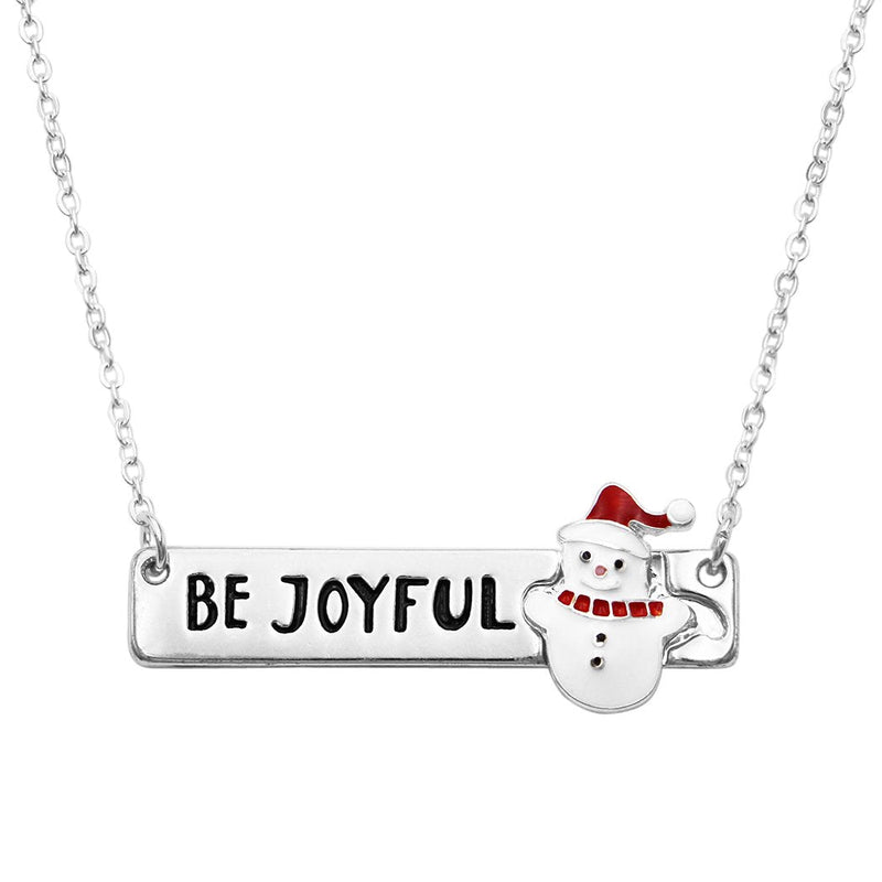 Whimsical Christmas Holiday Bar Pendant Charm Necklace, 16"-19" with 3" Extender (Be Joyful Snowman Silver Tone)