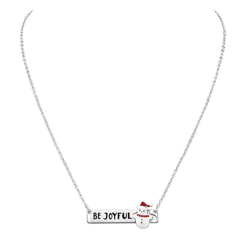 Whimsical Christmas Holiday Bar Pendant Charm Necklace, 16"-19" with 3" Extender (Be Joyful Snowman Silver Tone)