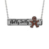 Whimsical Christmas Holiday Bar Pendant Charm Necklace, 16"+3" Extender (Holly Jolly Gingerbread Man Silver Tone)