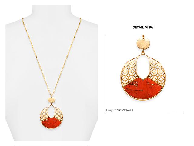 Stunning Matte Gold Tone Filigree And Cork Cutout Disk Necklace, 32"-35" with 3" Extender (Coral Orange)