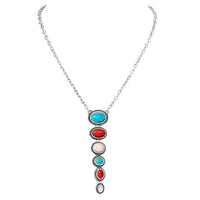 Stunning Western Semi Precious Natural White Red And Turquoise Howlite Stone Y-Drop Necklace, 18"+3" Extender