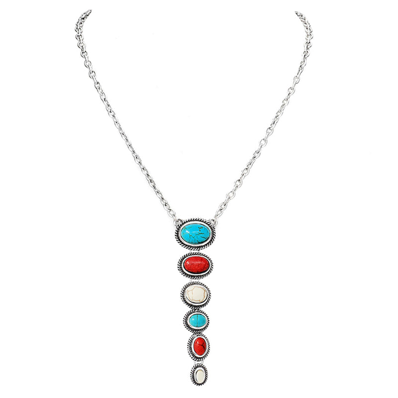 Stunning Western Semi Precious Natural White Red And Turquoise Howlite Stone Y-Drop Necklace, 18"+3" Extender