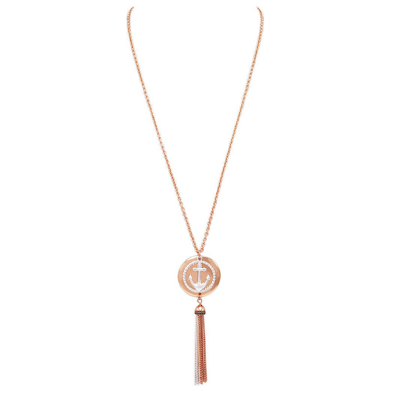 Anchor Charm with Tassel Two Tone Long Pendant Necklace and Earring Set