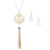 Anchor Charm with Tassel Two Tone Long Pendant Necklace and Earring Set