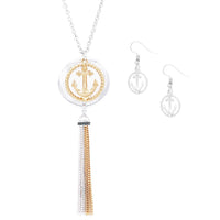 Anchor Charm with Tassel Two Tone Long Pendant Necklace and Earring Set