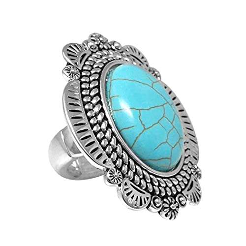 Western Style Semi Precious Natural Howlite Turquoise Stone Concho Stretch Cocktail Ring (Large Rope Concho Frame)