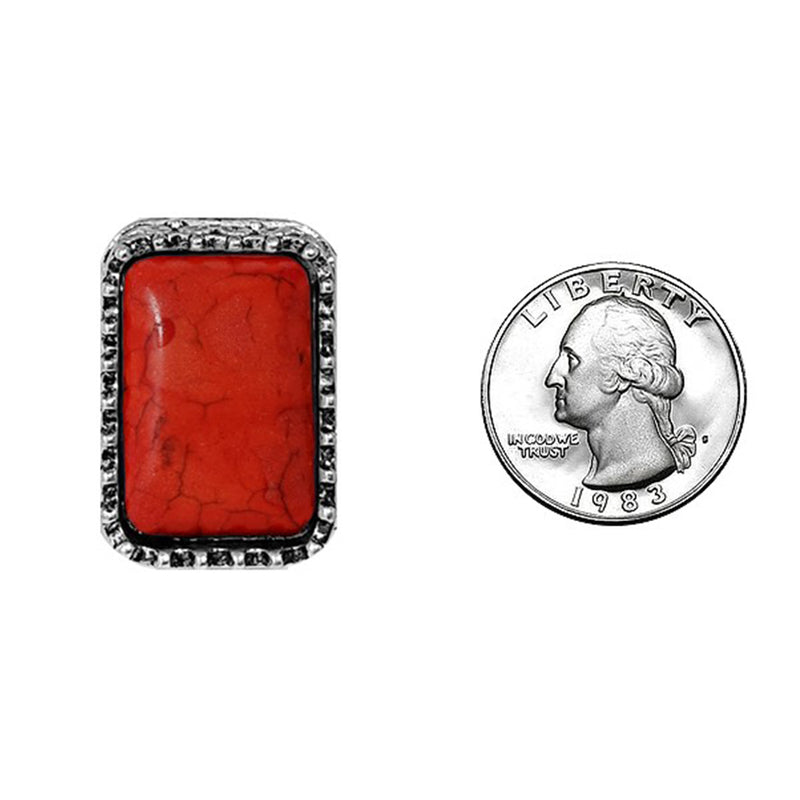Statement Size Western Chic Rectangular Semi Precious Howlite Stone Stretch Cocktail Ring, 1.37" (Red)