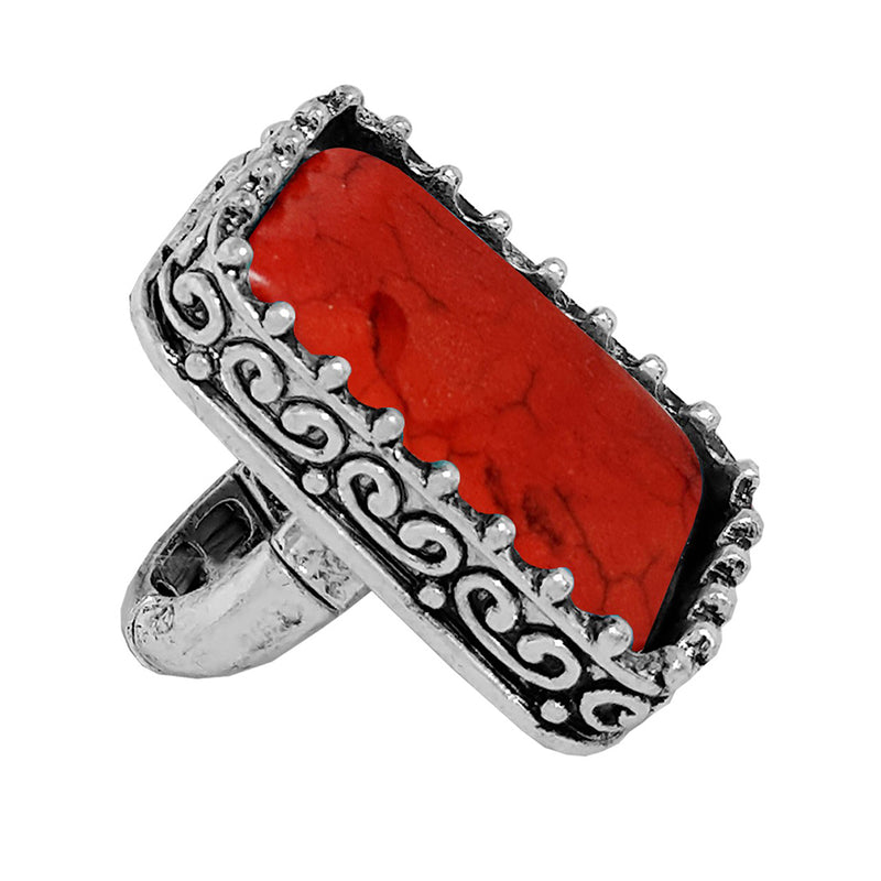 Statement Size Western Chic Rectangular Semi Precious Howlite Stone Stretch Cocktail Ring, 1.37" (Red)