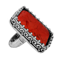 Statement Size Western Chic Rectangular Semi Precious Howlite Stone Stretch Cocktail Ring, 1.37" (Red)
