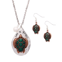 Statement Rustic Sea Life Turtle Life is Good Pendant Necklace and Earring Jewelry Gift Set