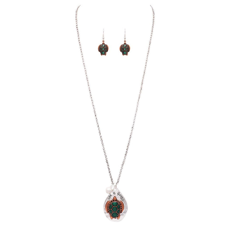Statement Rustic Sea Life Turtle Life is Good Pendant Necklace and Earring Jewelry Gift Set