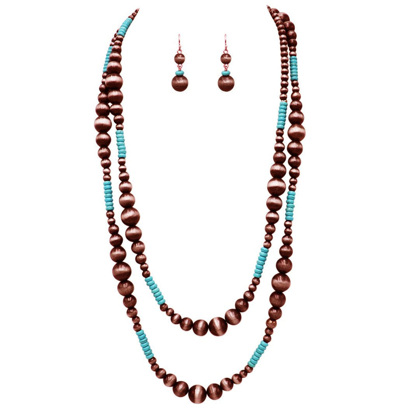 Women's Extra Long Metallic and Turquoise Bead Statement Necklace and Earrings Set, 60" (Metallic Copper)