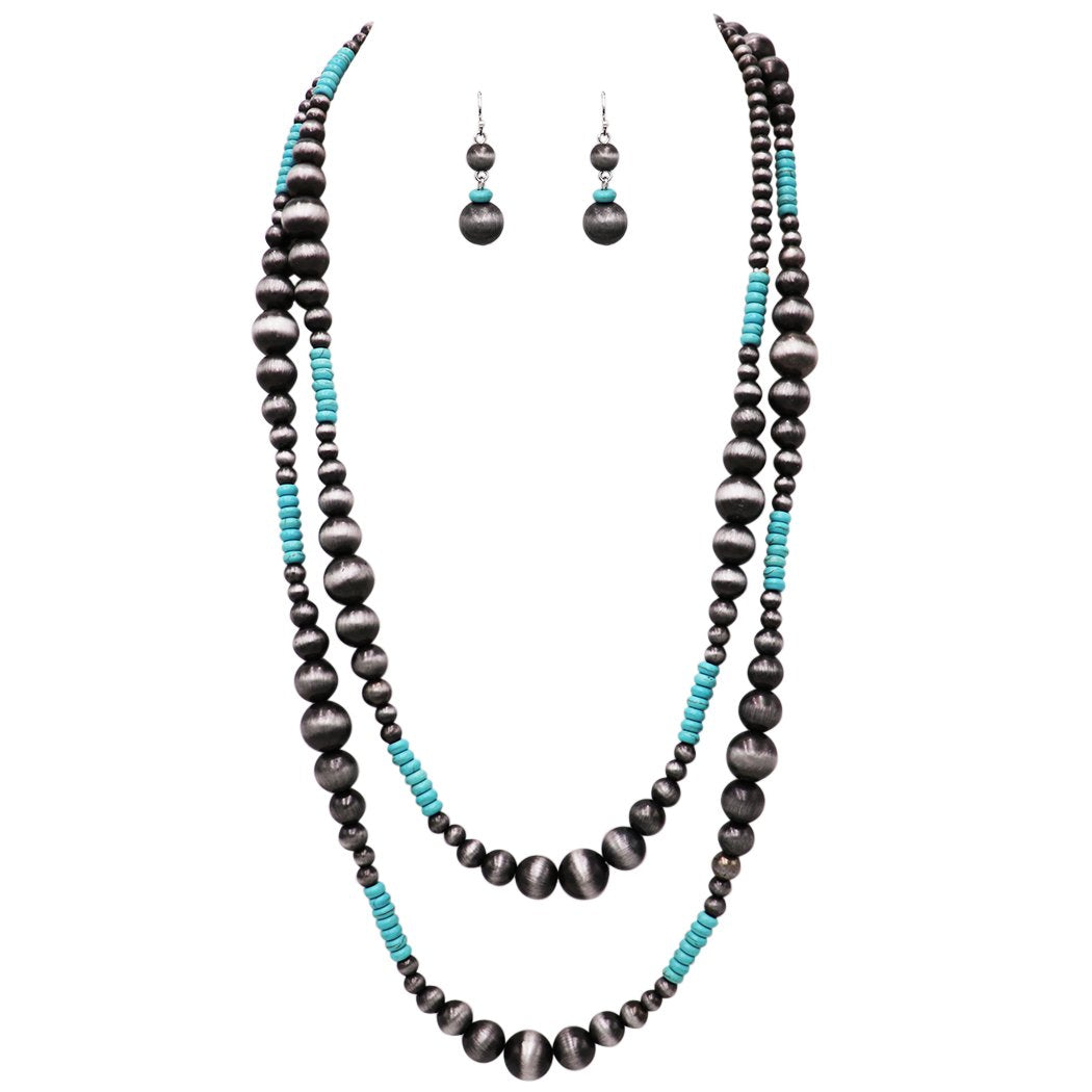 Women's Extra Long Metallic Silver Tone and Turquoise Beaded