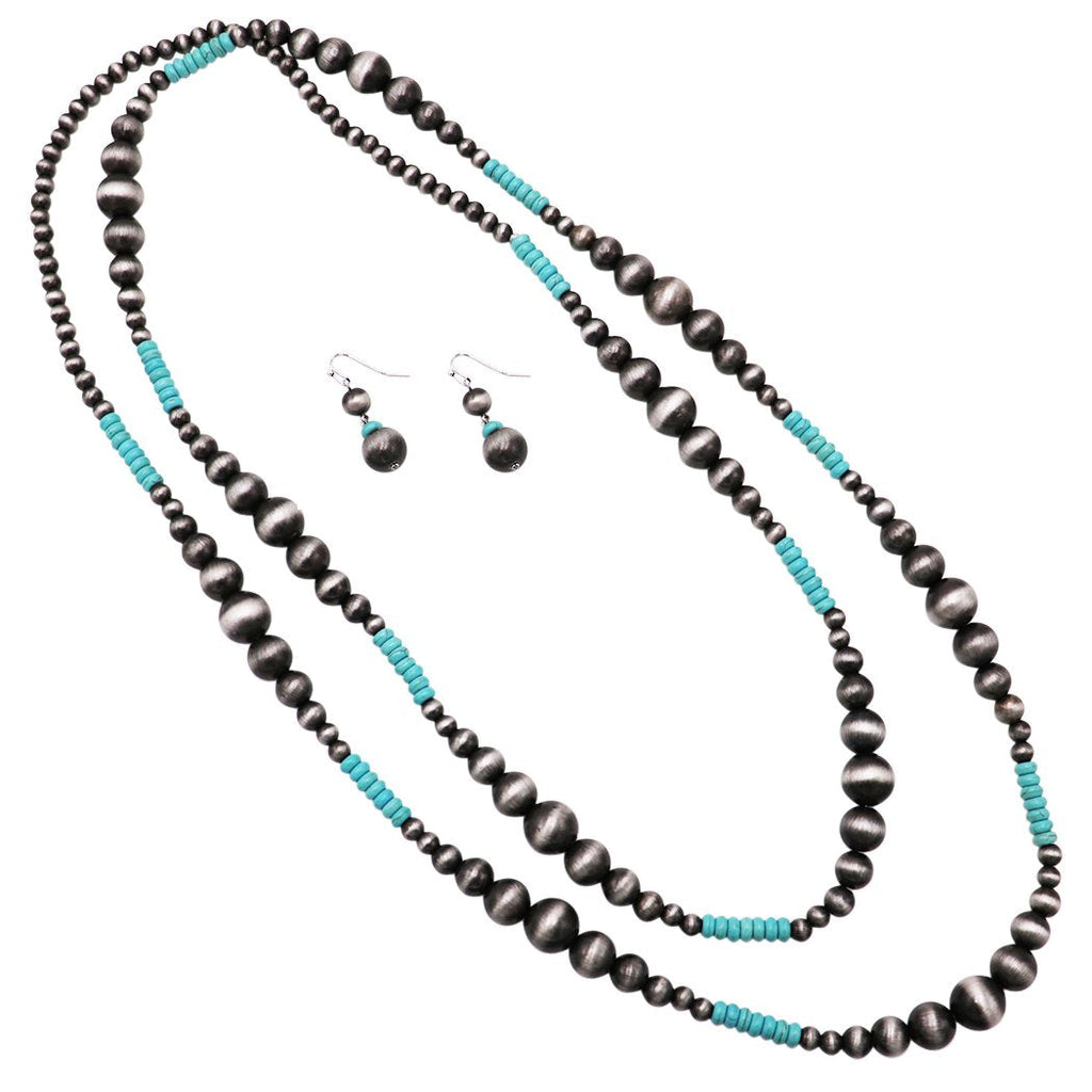 Women's Extra Long Metallic Silver Tone and Turquoise Beaded Statement Necklace and Earrings Jewelry Gift Set â‚¬¦