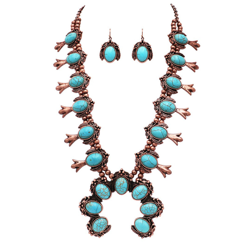 Statement Western Copper and Turquoise Howlite Squash Blossom Necklace Earring Jewelry Set, 24"-27" with 3" Extension