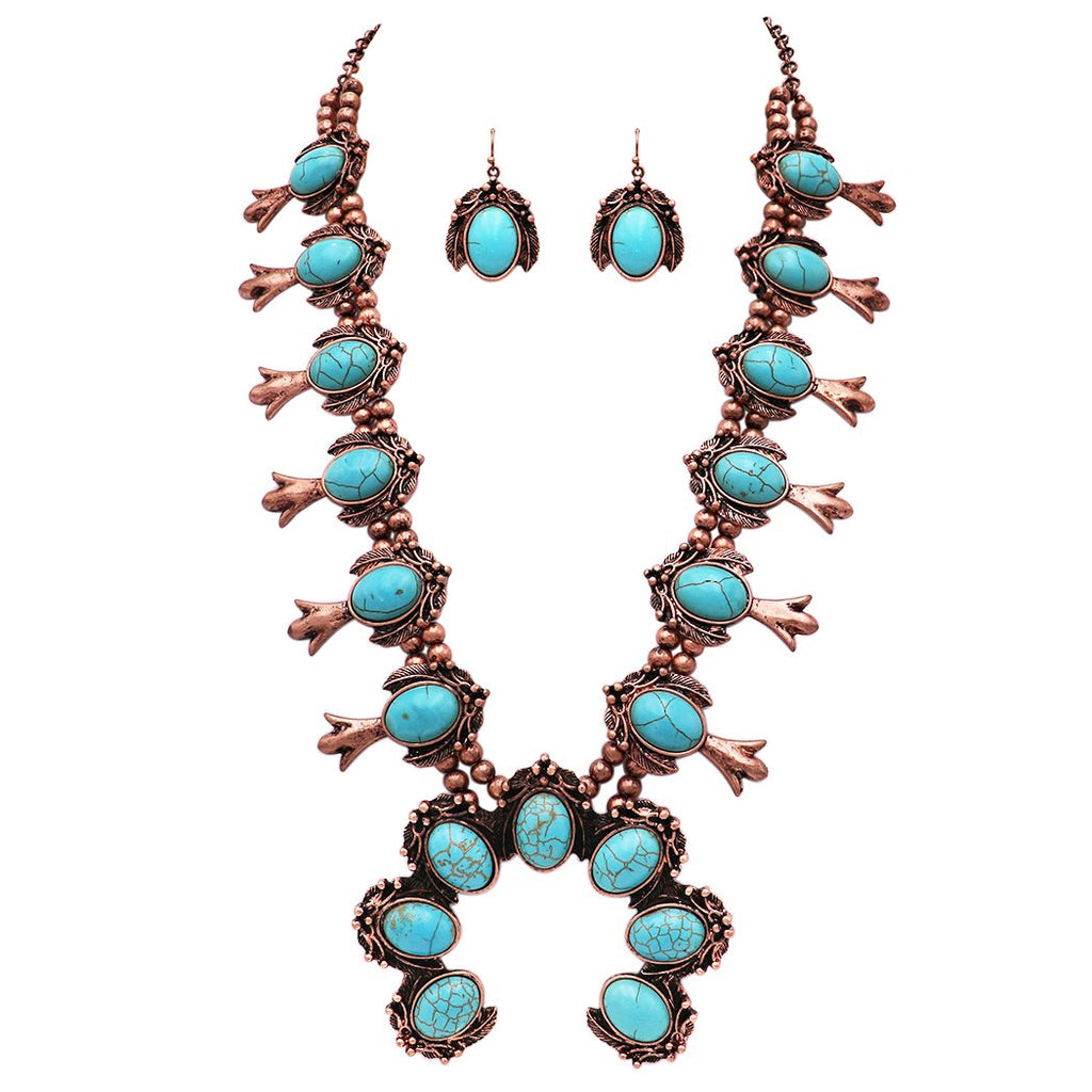Statement Western Copper and Turquoise Howlite Squash Blossom Necklace  Earring Jewelry Set, 24