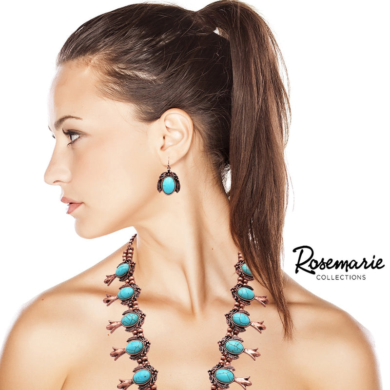 Statement Western Copper and Turquoise Howlite Squash Blossom Necklace Earring Jewelry Set, 24"-27" with 3" Extension