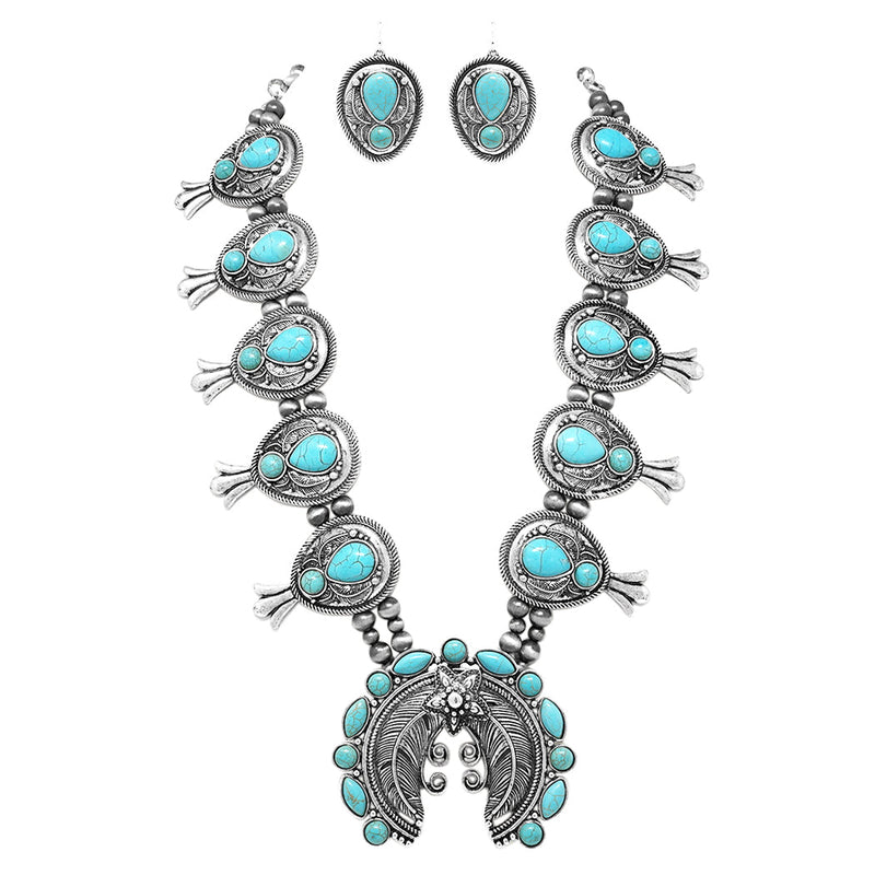 Cowgirl Chic Western Feather Squash Blossom Turquoise Howlite Statement Necklace Earrings Gift Set, 24"+ 3" Extension