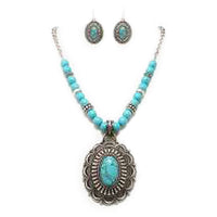 Rosemarie & Jubalee Womenâ€™s Cowgirl Chic Western Style Statement Turquoise Howlite Bead and Stone Concho Pendant Necklace Earrings Set, 18"-21" with 3" Extender