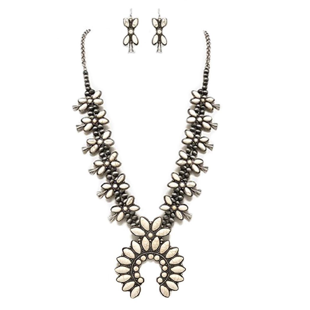 South Western Chic Statement Howlite Squash Blossom Necklace Earrings Set, 24"-27" with 3" Extension (Natural White)